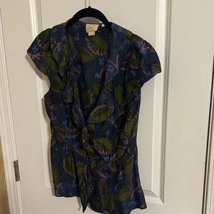Elegant Leaf Print Blouse in Blue and Green